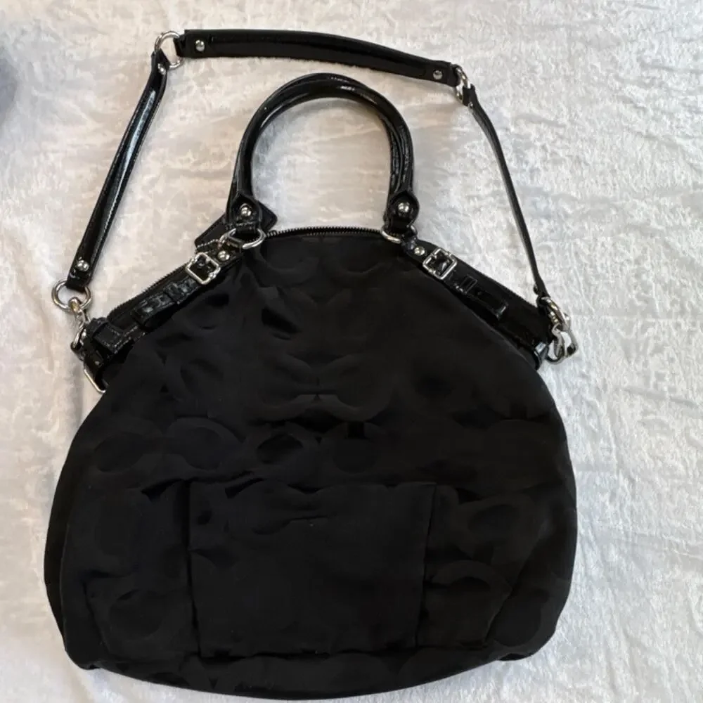 Coach‎ F1806 Black Signature C Sateen Satchel Crossbody Bag Patent Leather Trim